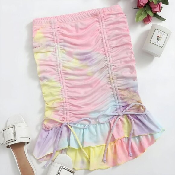 SHEIN ✦ Tie-Dye Skirt M ✦ Pastel Ruffled High-Low Hem Adjustable Drawstrings NWT - Picture 2 of 10